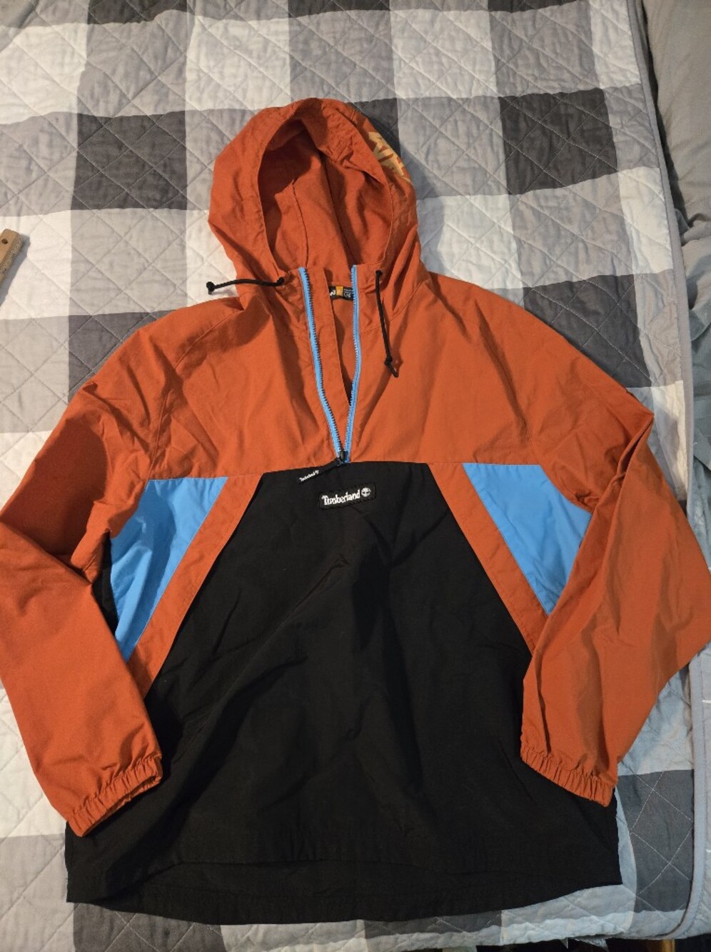 Timberland Large Orange & Black Pullover Hooded Jacket with Blue Accents